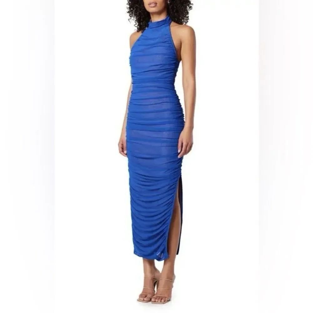 Elliatt Istanbul Ruched Halter Midi Dress in Blue Size XL Cocktail Body Slimming